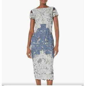 JS Collections Embroidered Ribbon Dress Size 12 Midi Blue Silver Shoet Sleeve